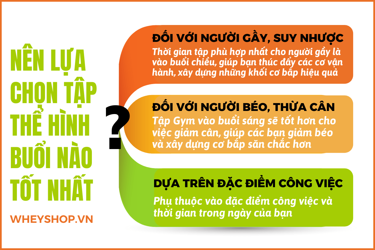 Nếu bạn đang băn khoăn tìm hiểu tập thể hình buổi nào tốt nhất thì hãy cùng WheyShop tham khảo chi tiết bài viết ngay sau đây...