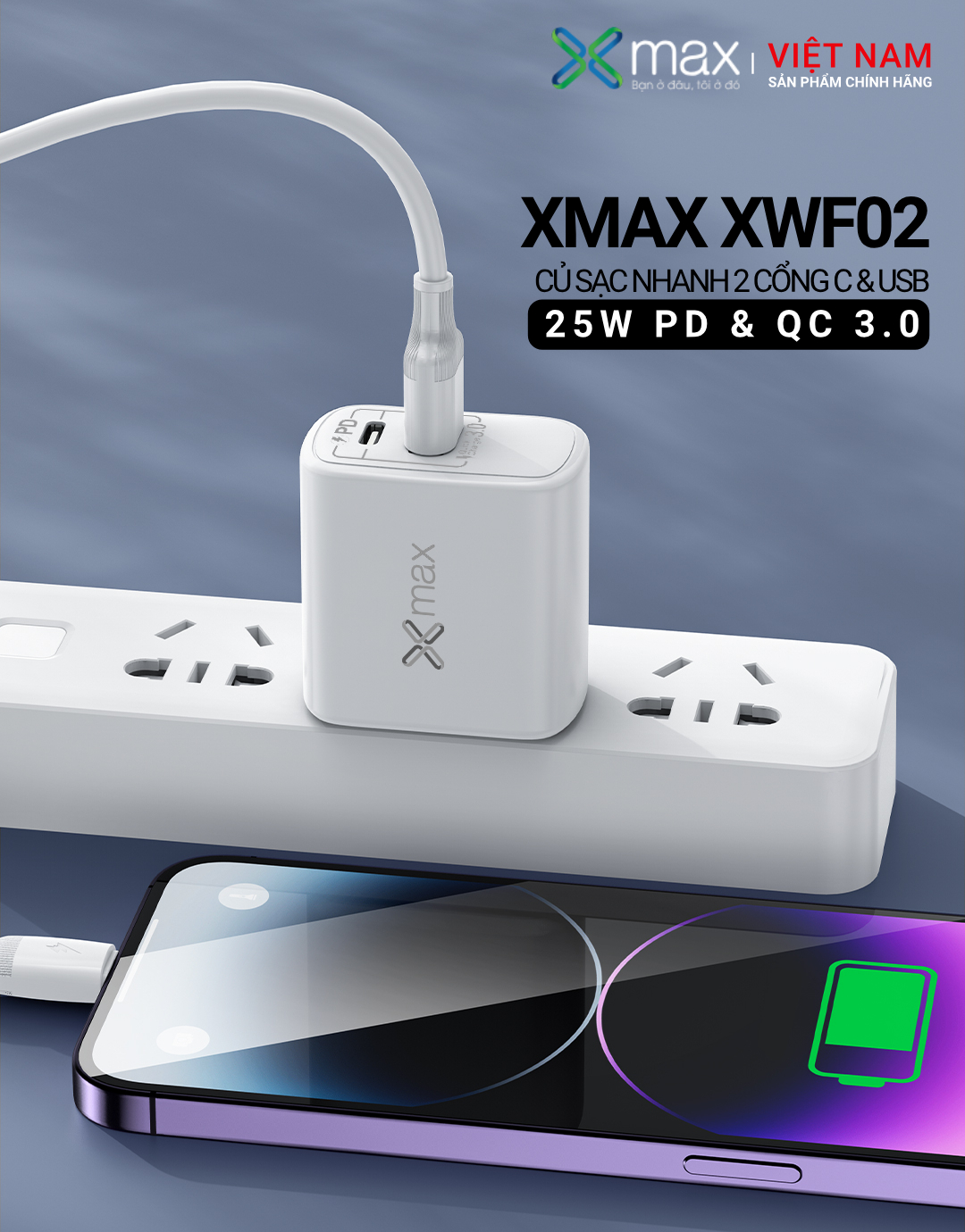 Củ Sạc 2 Cổng Siêu Nhanh 25W PD25W+QC3.0 XMAX XWF02