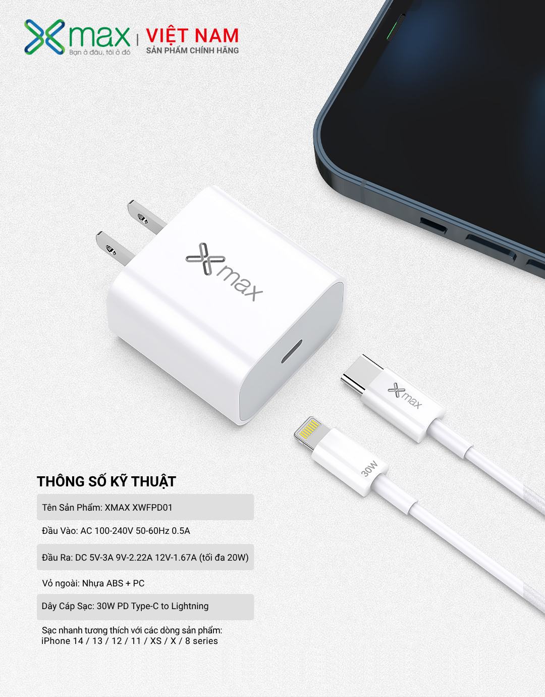 Combo sạc nhanh 20W PD+QC3.0 XMAX XWFPD01