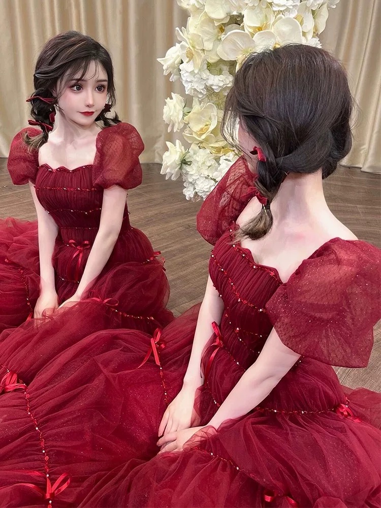 Burgundy evening gown with fluttering sleeves R4010