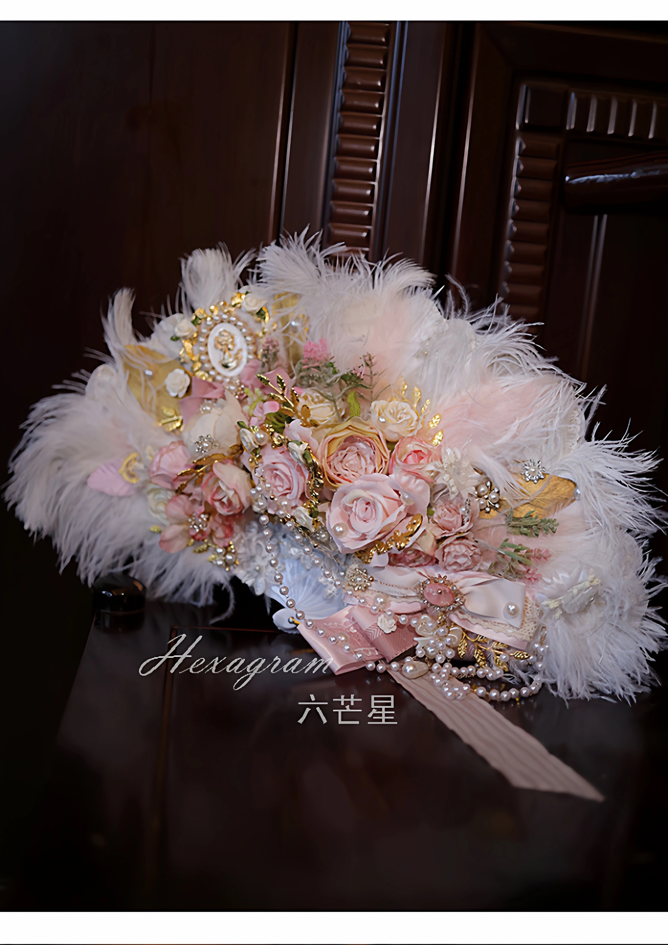 ( Pre Order 15 days ) Unique and gorgeous handmade Hexagram Lolita ostrich feather fan, suitable for weddings, tea parties, Rococo style, fashion show props