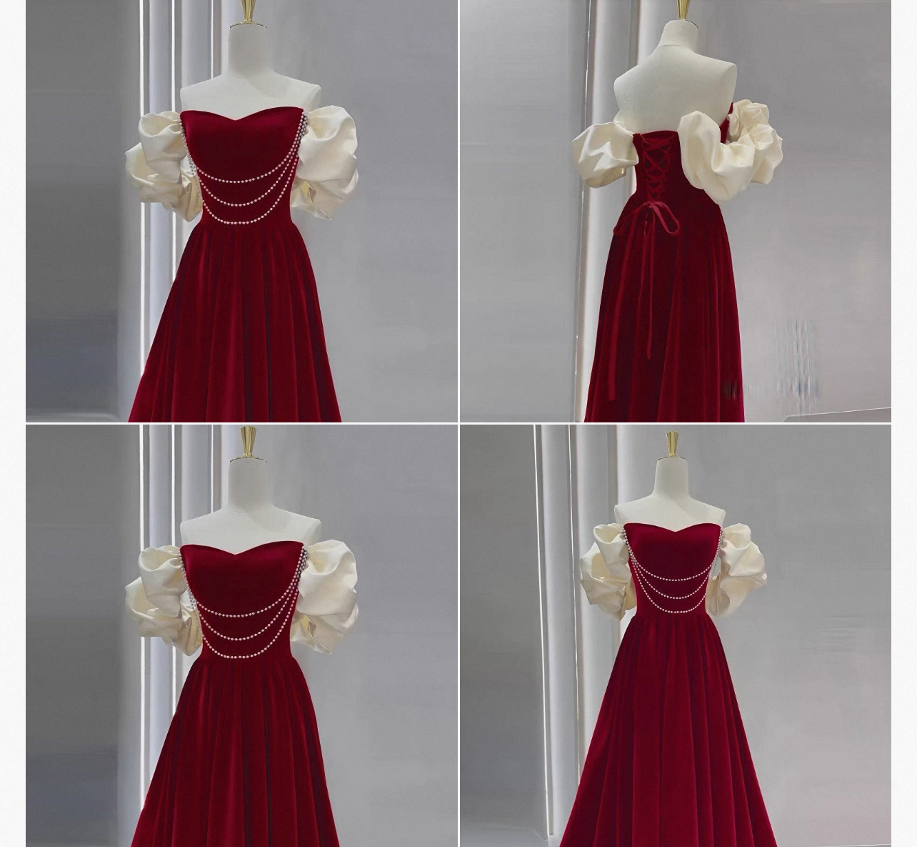Red velvet one-shoulder dress for brides, weddings, and engagement ceremonies — a simple yet elegant pearl wedding gown. R4000