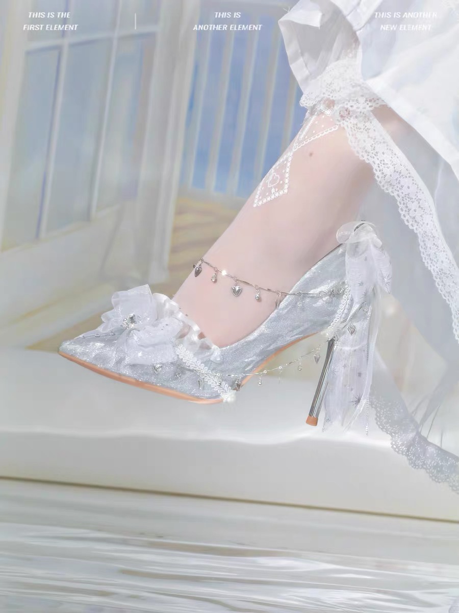 ( Handmade 15 days ) Lolita wedding high heels with bow, unique design Milk Cat Sauce large size 40-44