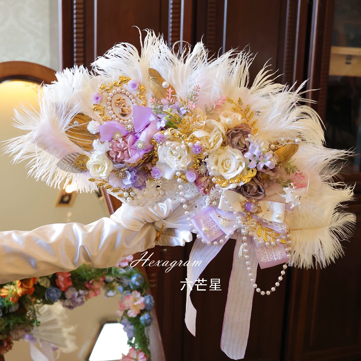 ( Pre Order 15 days ) Unique and gorgeous handmade Hexagram Lolita ostrich feather fan, suitable for weddings, tea parties, Rococo style, fashion show props