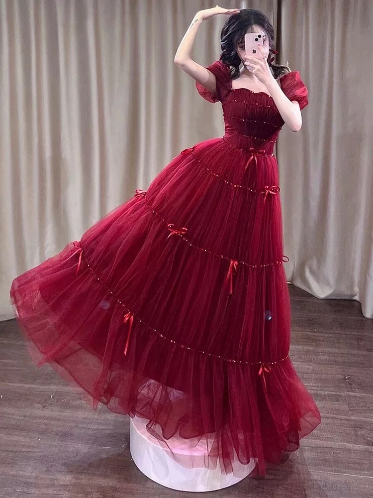 Burgundy evening gown with fluttering sleeves R4010