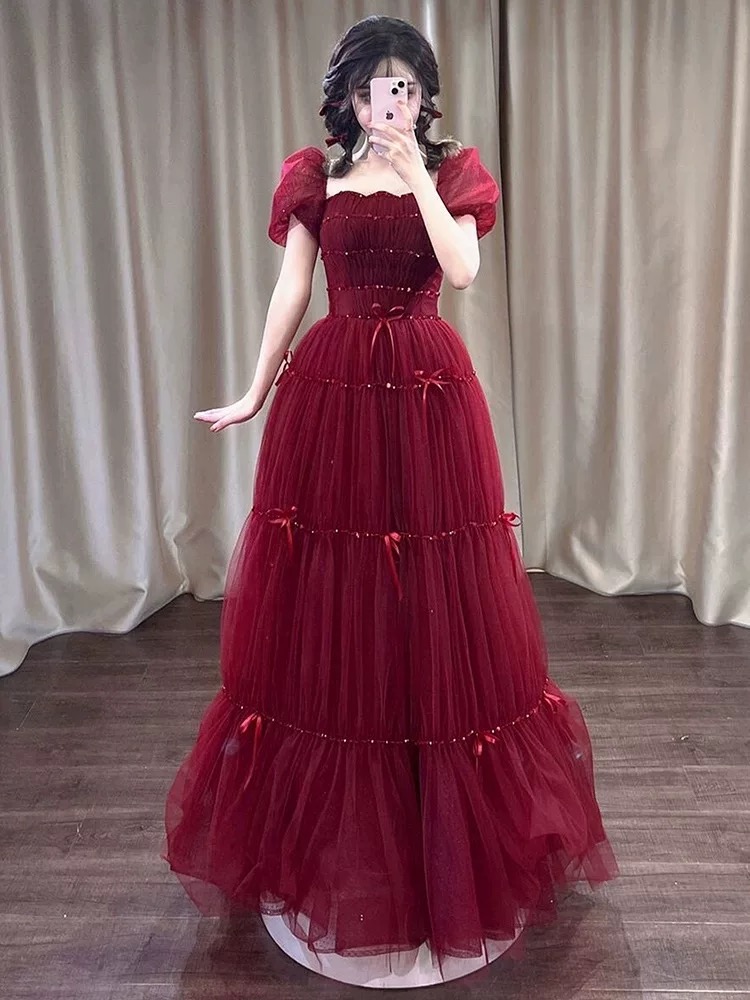 Burgundy evening gown with fluttering sleeves R4010