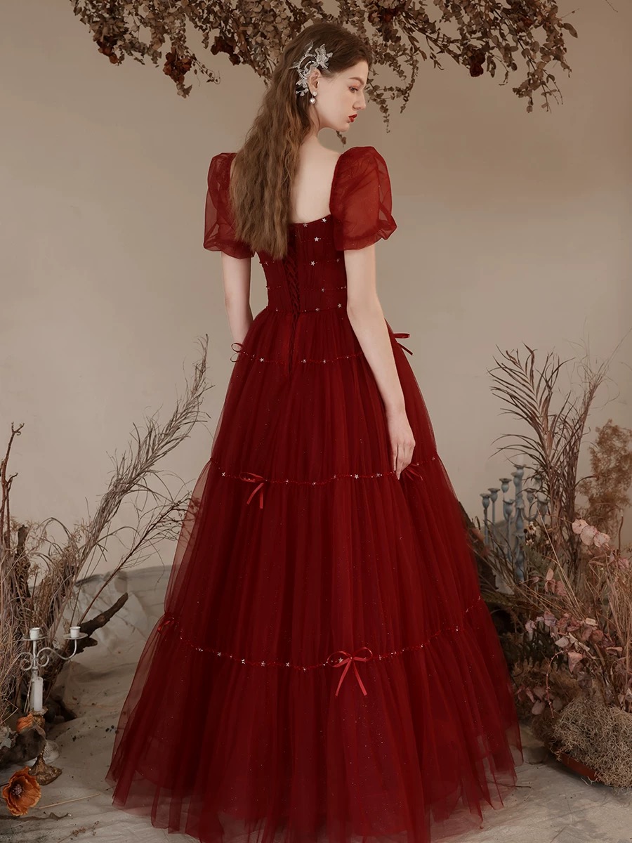 Burgundy evening gown with fluttering sleeves R4010