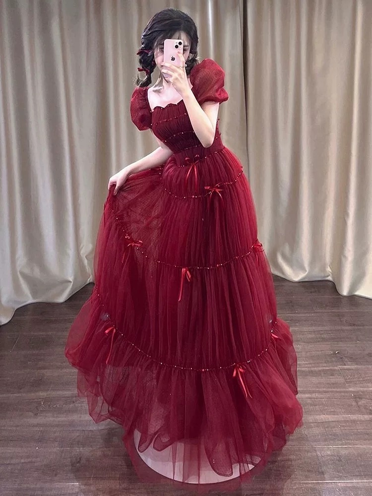 Burgundy evening gown with fluttering sleeves R4010