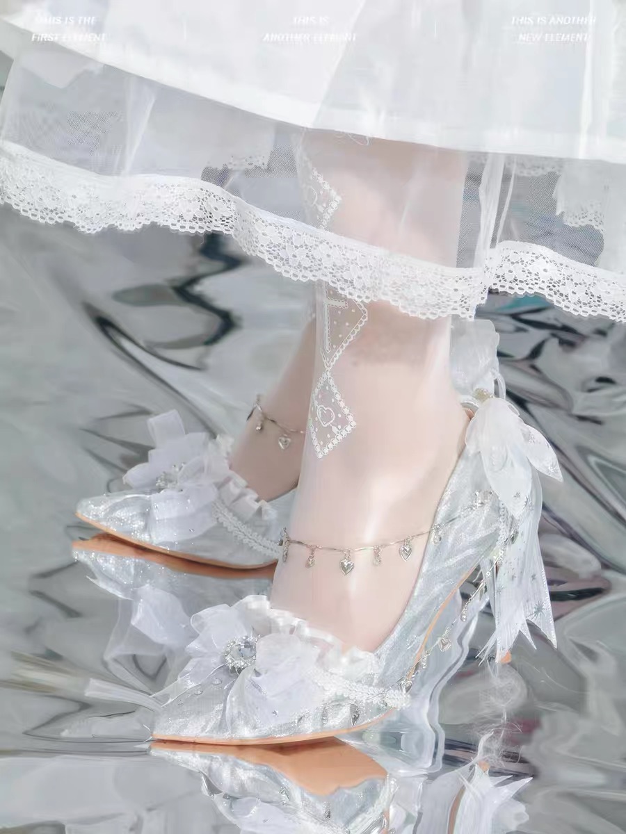 ( Handmade 15 days ) Lolita wedding high heels with bow, unique design Milk Cat Sauce large size 40-44