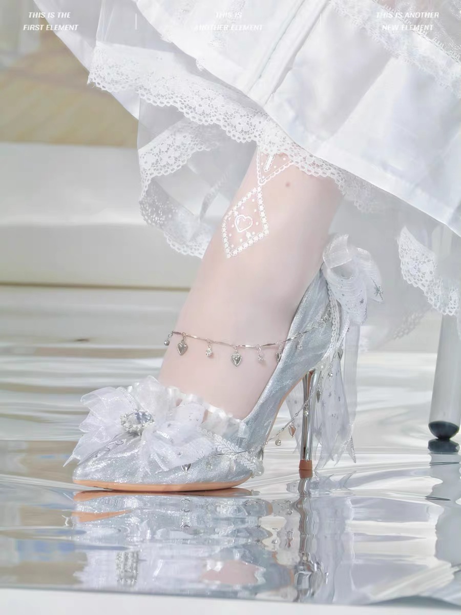 ( Handmade 15 days ) Lolita wedding high heels with bow, unique design Milk Cat Sauce large size 40-44