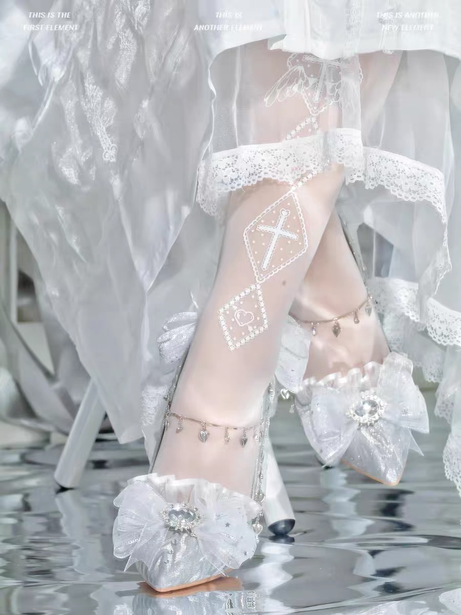 ( Handmade 15 days ) Lolita wedding high heels with bow, unique design Milk Cat Sauce large size 40-44