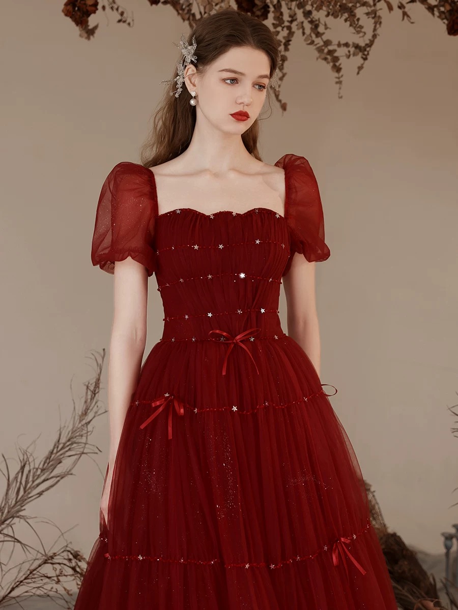 Burgundy evening gown with fluttering sleeves R4010