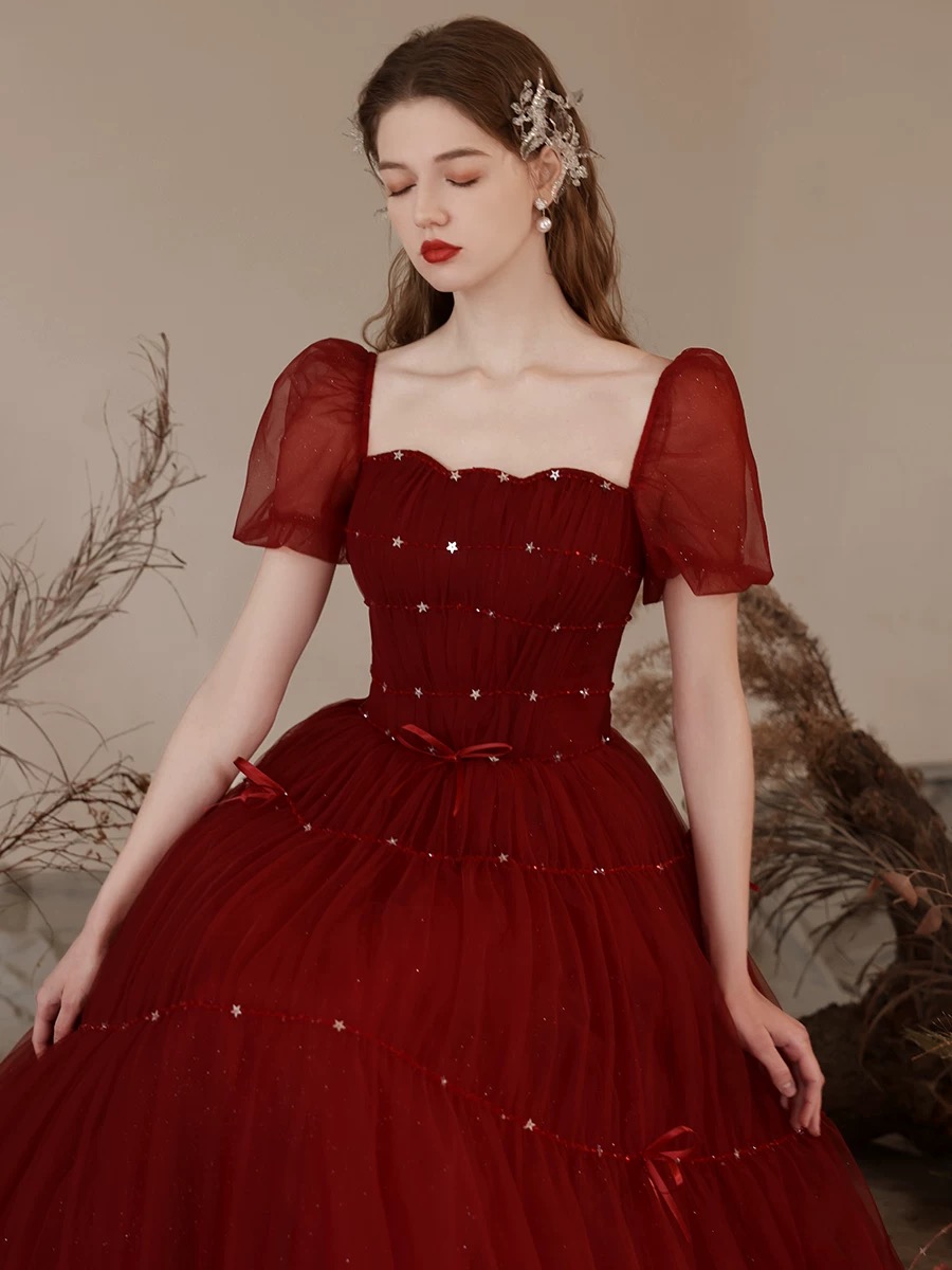 Burgundy evening gown with fluttering sleeves R4010