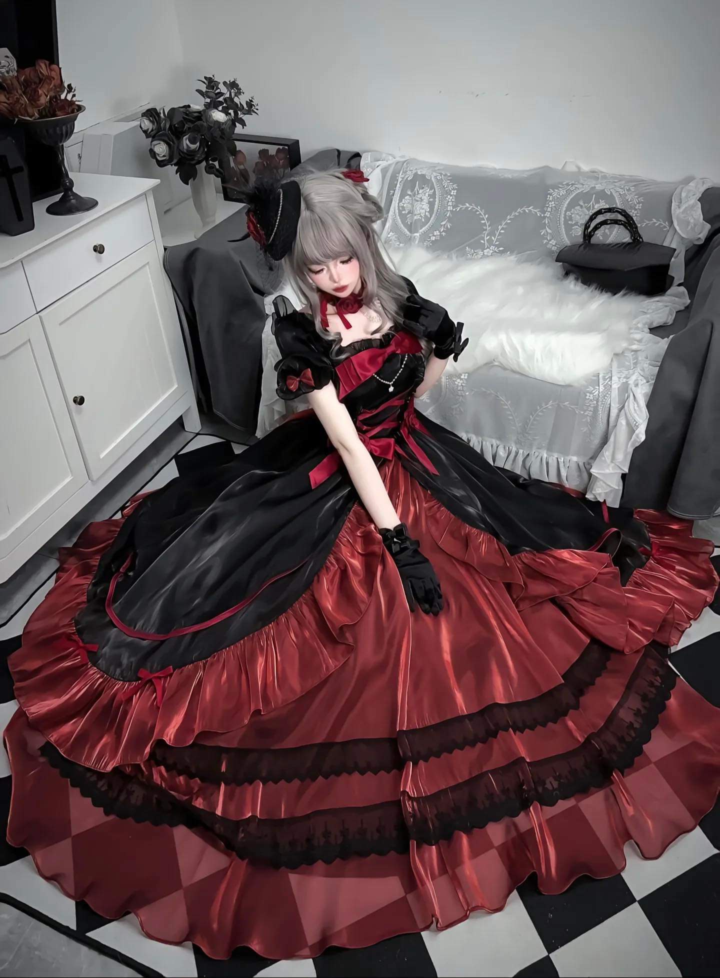 gothic princess dress Red/Black Bowknot Irregular Gothic Princess Lolita Jsk Dress