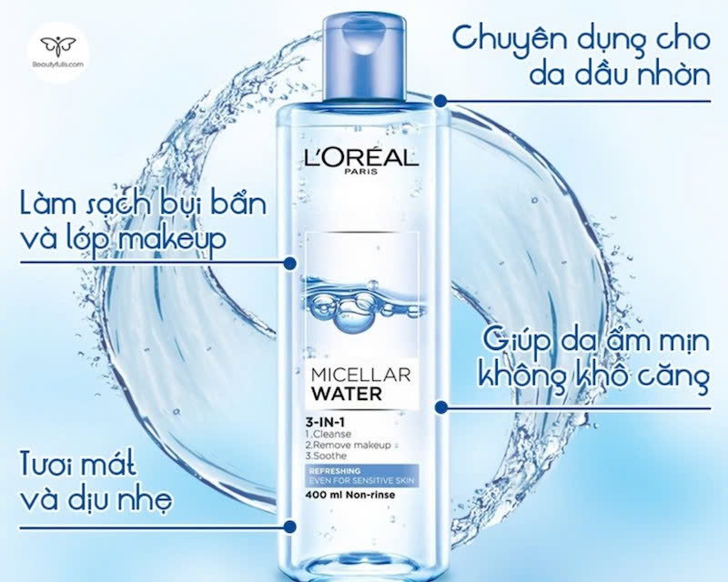 Nước tẩy trang giúp làm sạch sâu, loại bỏ bụi bẩn và lớp trang điểm 3-in-1 L'Oreal Paris Micellar Water 400ml (Màu Xanh Nhạt)