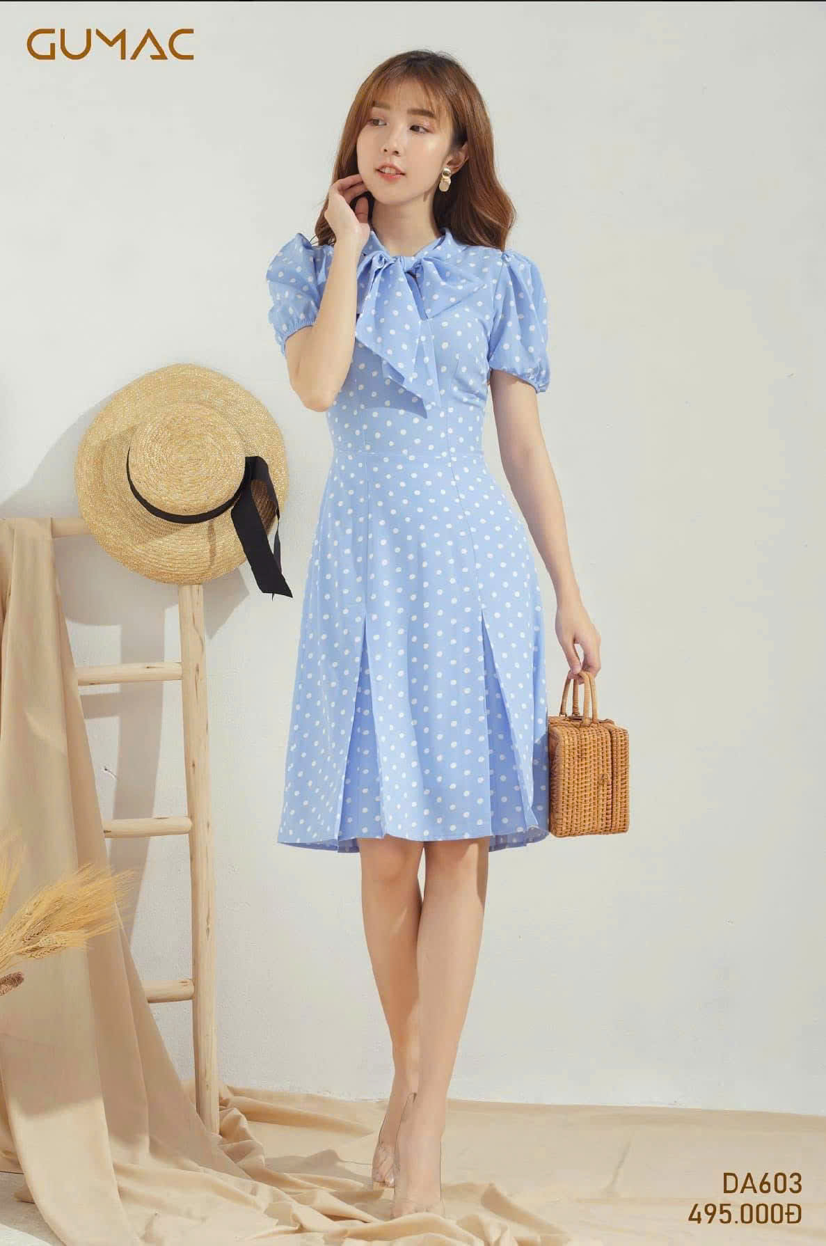 Đầm Chấm Bi Xanh Tiểu Thư