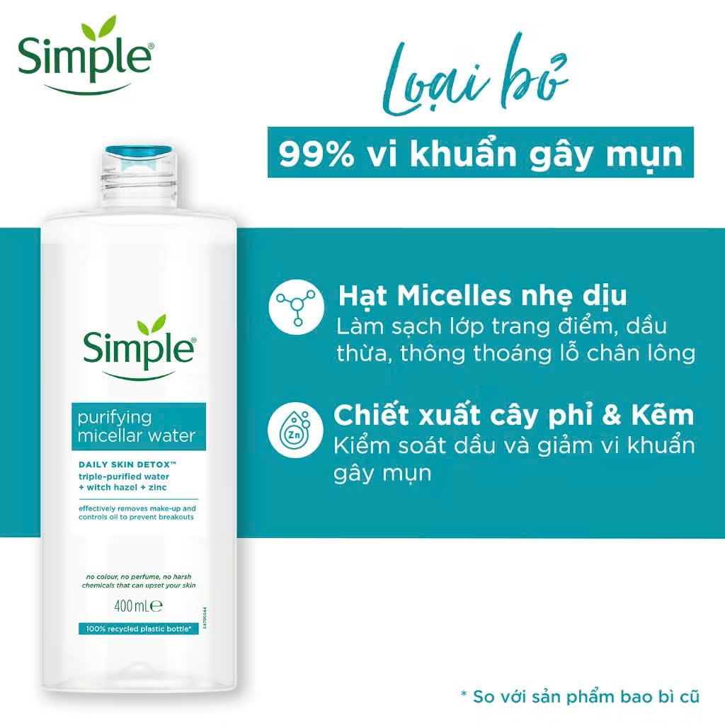 Nước Tẩy Trang Simple Cho Da Dầu Mụn 400ml