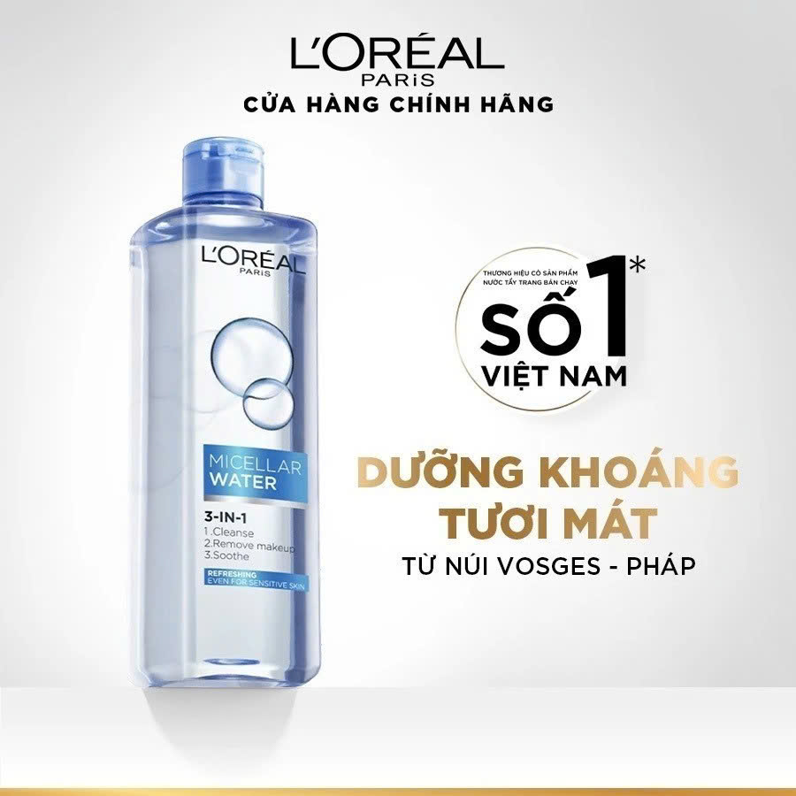 Nước tẩy trang giúp làm sạch sâu, loại bỏ bụi bẩn và lớp trang điểm 3-in-1 L'Oreal Paris Micellar Water 400ml (Màu Xanh Nhạt)