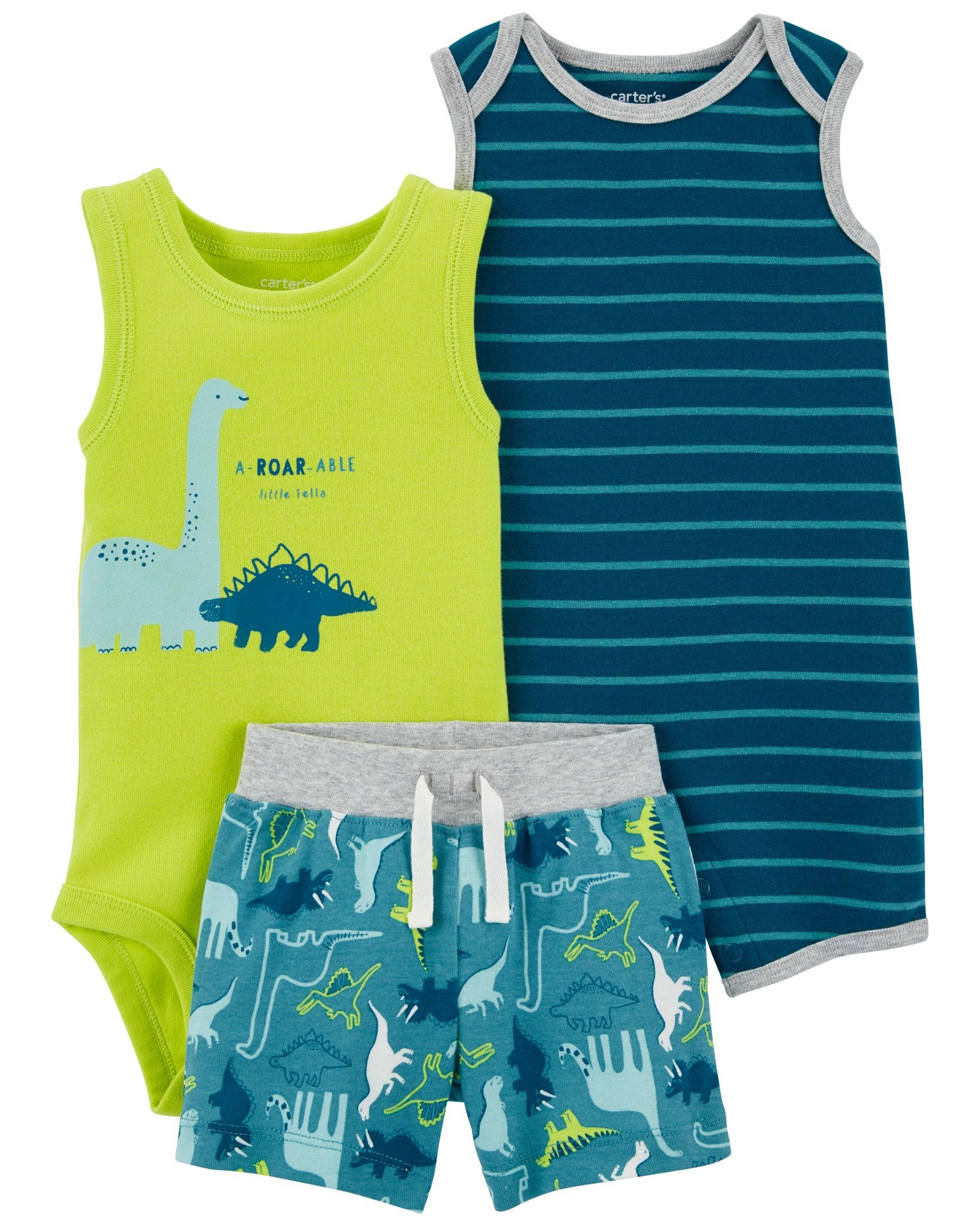 Set Bodysuit liền quần + 1 Romper + 1 Quần ngắn bé trai (6m+, dưới 8kg)