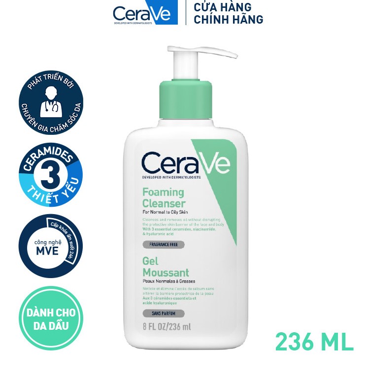 Sữa rửa mặt giúp làm sạch sâu dành cho da dầu Cerave Foaming Facial Cleans 236ml