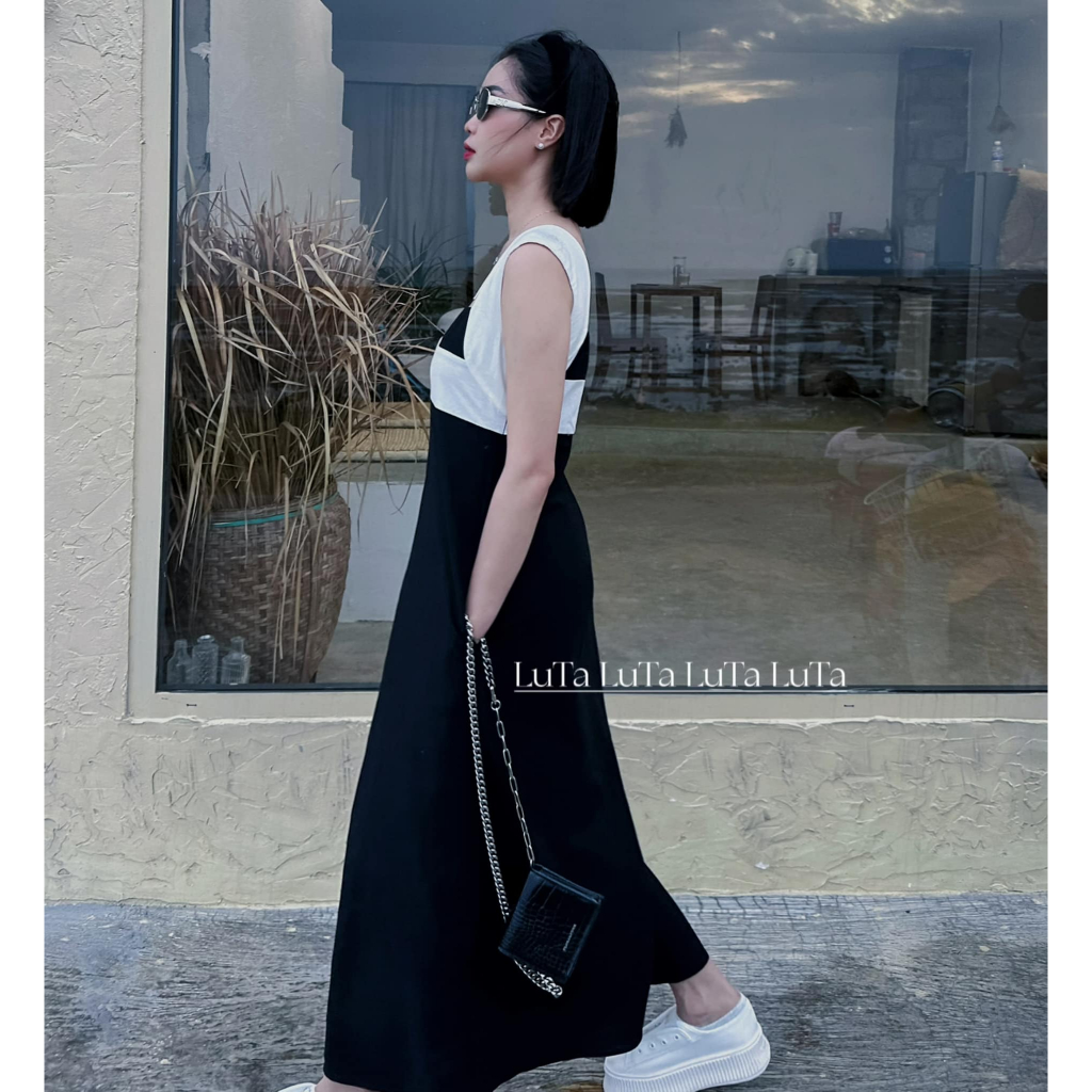 Đầm 2 dây trắng đen
