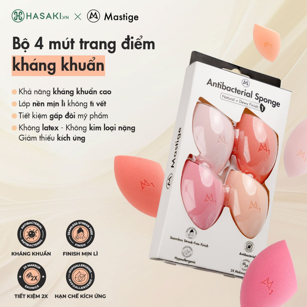 Bộ 4 Mút Trang Điểm Mastige Kháng Khuẩn Nhiều Màu Antibacterial Sponge Hasaki Sản Phẩm Chính Hãng