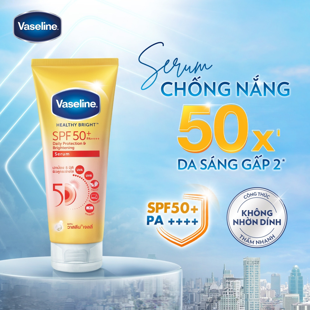 Serum chống nắng cơ thể Vaseline 50x bảo vệ da với SPF 50+ PA++++ giúp da sáng hơn gấp 2X 50ml