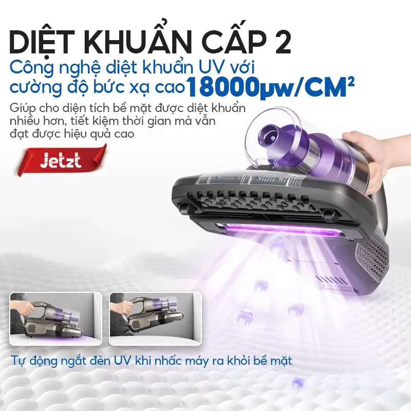 Máy Hút Bụi Cầm Tay Mini Không Dây, Máy Hút Bụi Giường Nệm Diệt Khuẩn UV Thế Hệ Mới Jetzt Series J7 Lực Hút 18000PA, Công Nghệ Đèn UV Diệt Khuẩn + Sóng Siêu Âm, Lọc Bụi 6 Cấp Nhờ Hệ Thống Lọc Đa Tầng, Tiện Lợi
