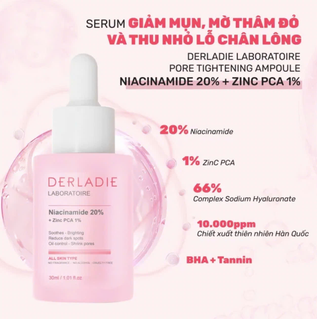 Serum Giảm Mụn, Mờ Thâm Đỏ, Thu Nhỏ LCL Derladie Laboratoire Pore Tightening Ampoule Niacinamide 20% + Zic PCA 1% 30ml