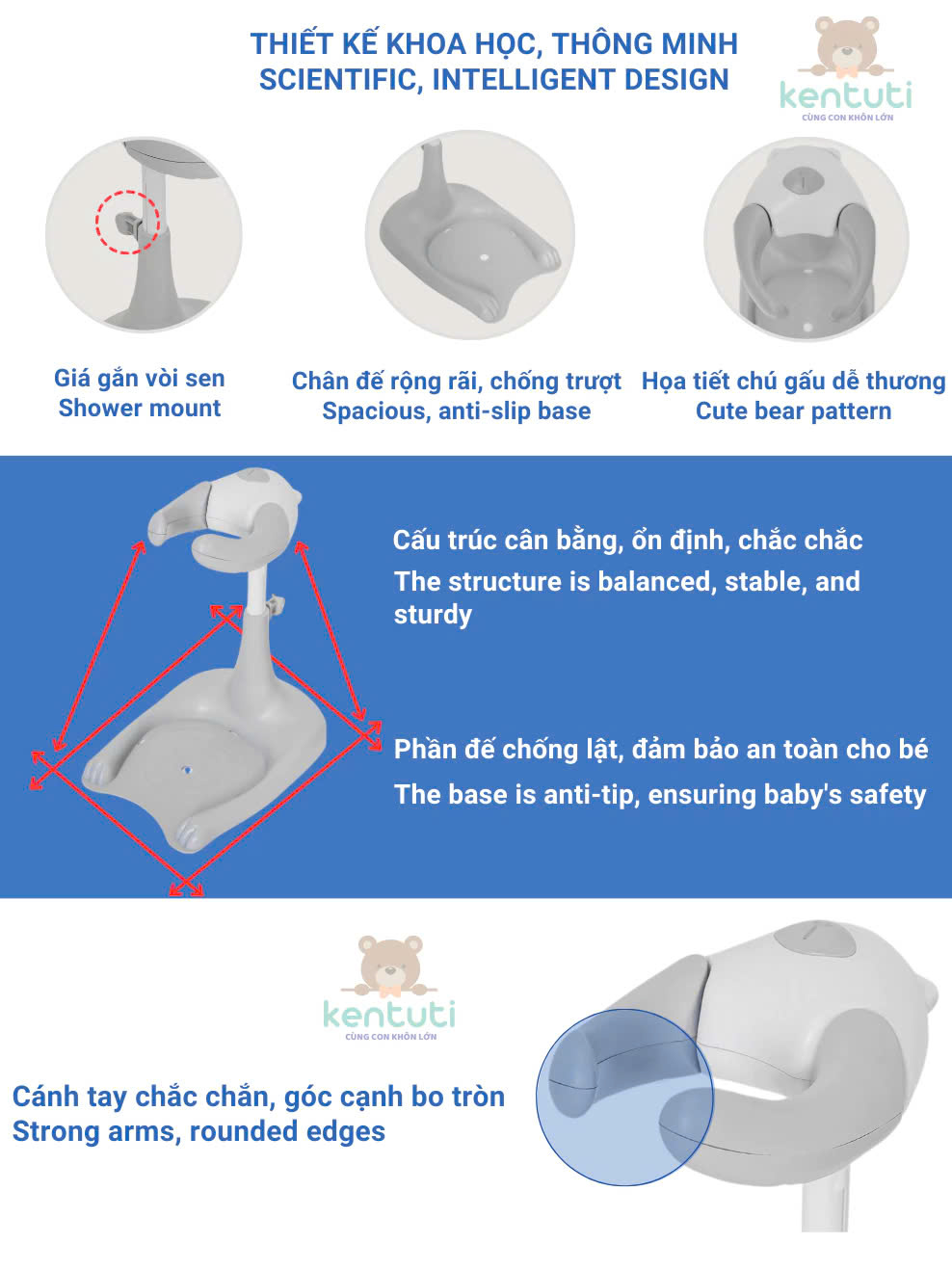 Ghế Tắm Cho Bé Kentuti Thiết Kế Đa Năng 4in1, Tắm Gội, Thay Bỉm, Vệ Sinh, Tập Đứng Có Thể Điều Chỉnh Độ Cao Và Tháo Rời