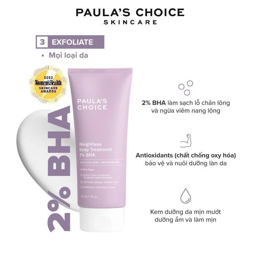 Kem dưỡng thể ngừa viêm lỗ chân lông 2% BHA Paula's Choice Weightless Body Treatment 2% BHA 210ml - 5700