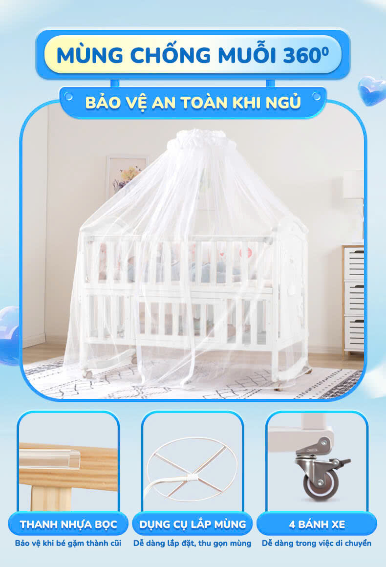 Nôi cũi CHILUX PEACE WHITE  đa năng 6 chế độ cho bé sơ sinh đến 12 tuổi