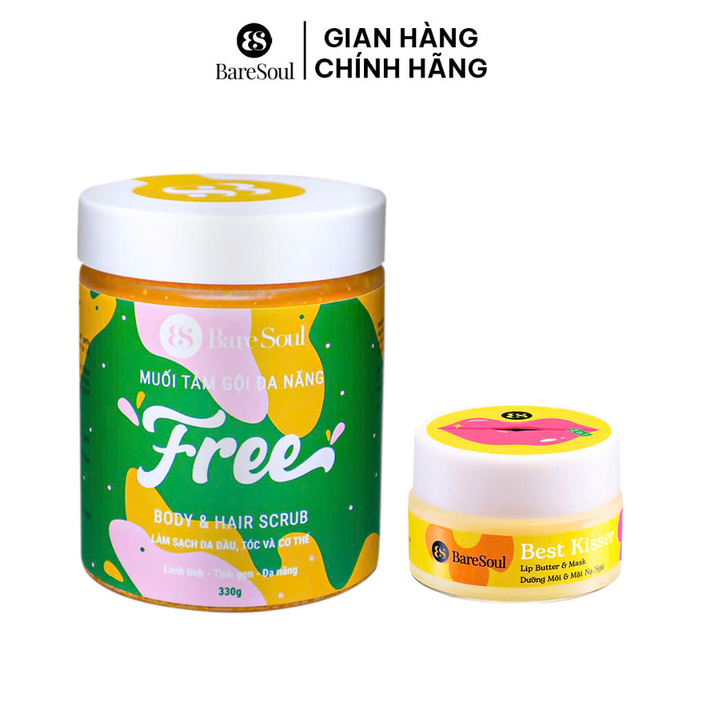 Combo Muối tắm BareSoul Free & Body Hair Scrub 330g + Mặt nạ ngủ cho môi kiêm son dưỡng Baresoul Lip Butter 10g