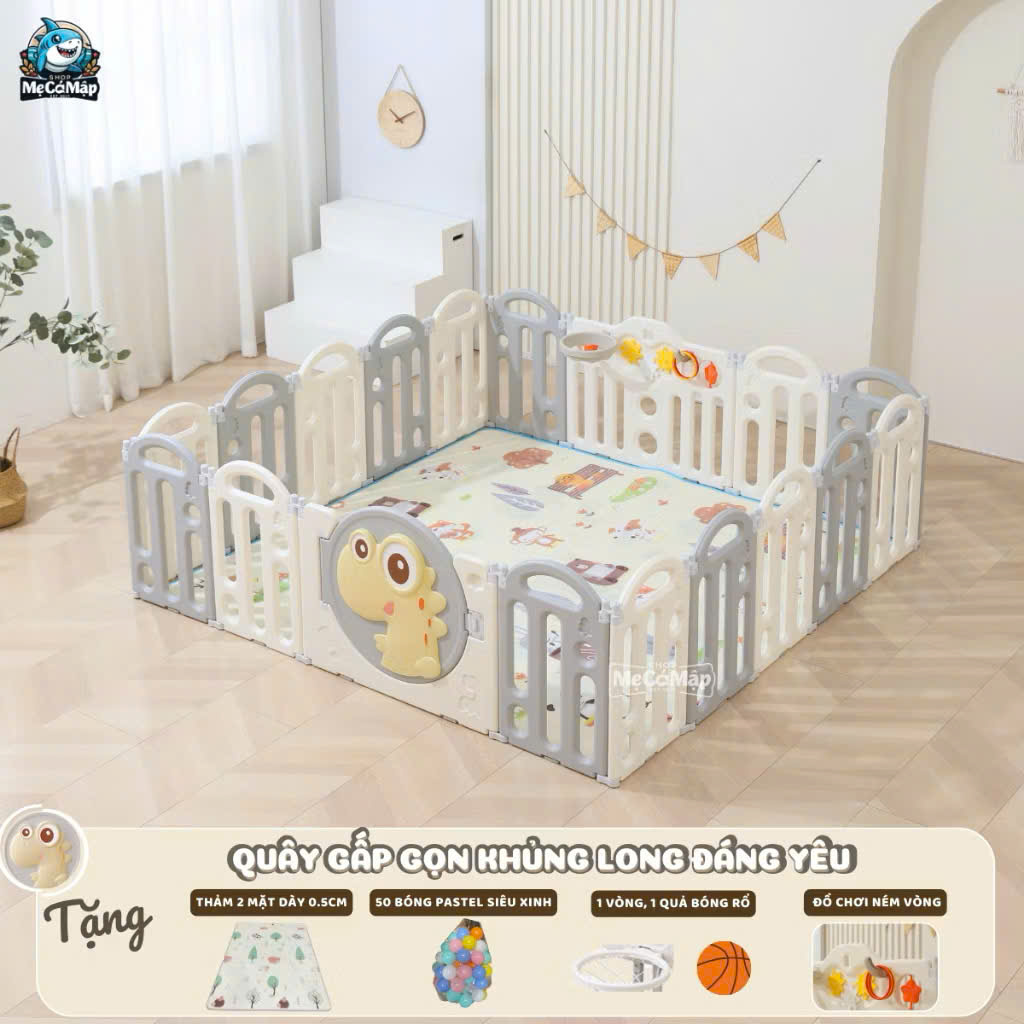 Quây Cũi Nhựa Gấp Gọn Khủng Long Cho Bé Kích Thước 1m5x1m9
