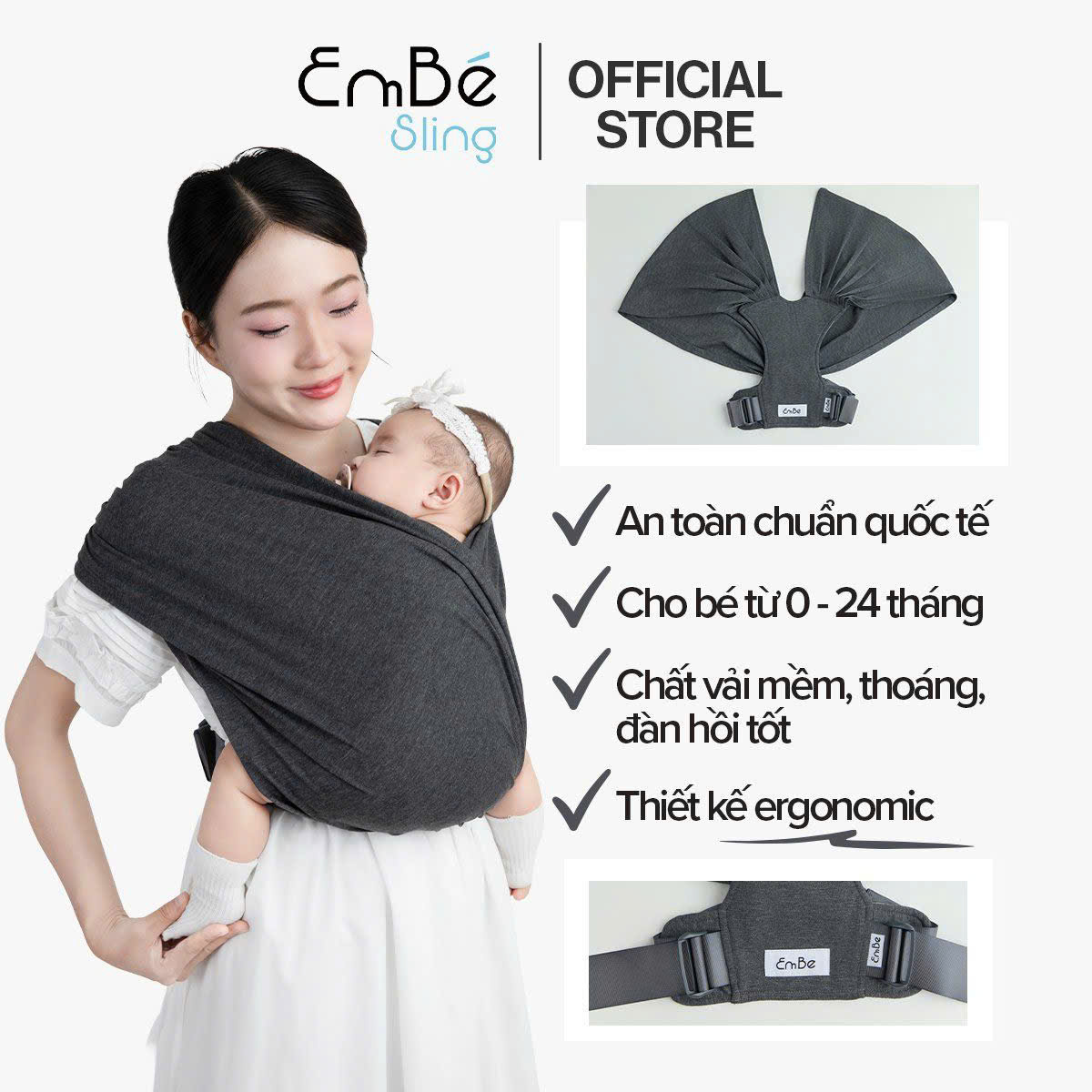 Địu Vải Em Bé Sling Dễ Địu Êm Vai An Toàn Cho Bé Sơ Sinh 0 - 24 Tháng