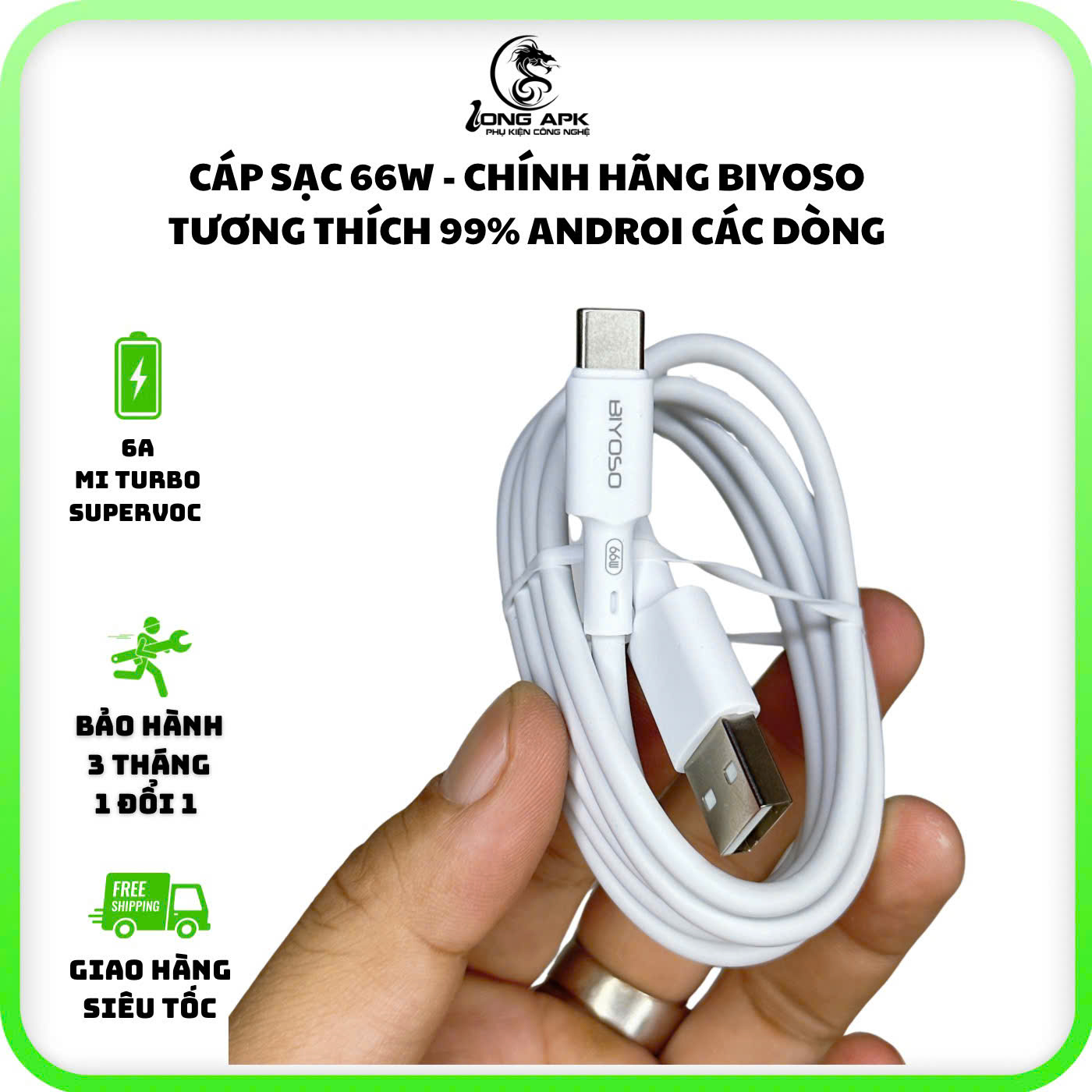[Hàng chính hãng] Cáp sạc nhanh 66W - 6A BIYOSO tương thích 99% điện thoại androi ( 33w - 65w - 66w ) cổng USB - TYPE C dài 1 mét 2 sạc điện thoại và truyền dữ liệu
