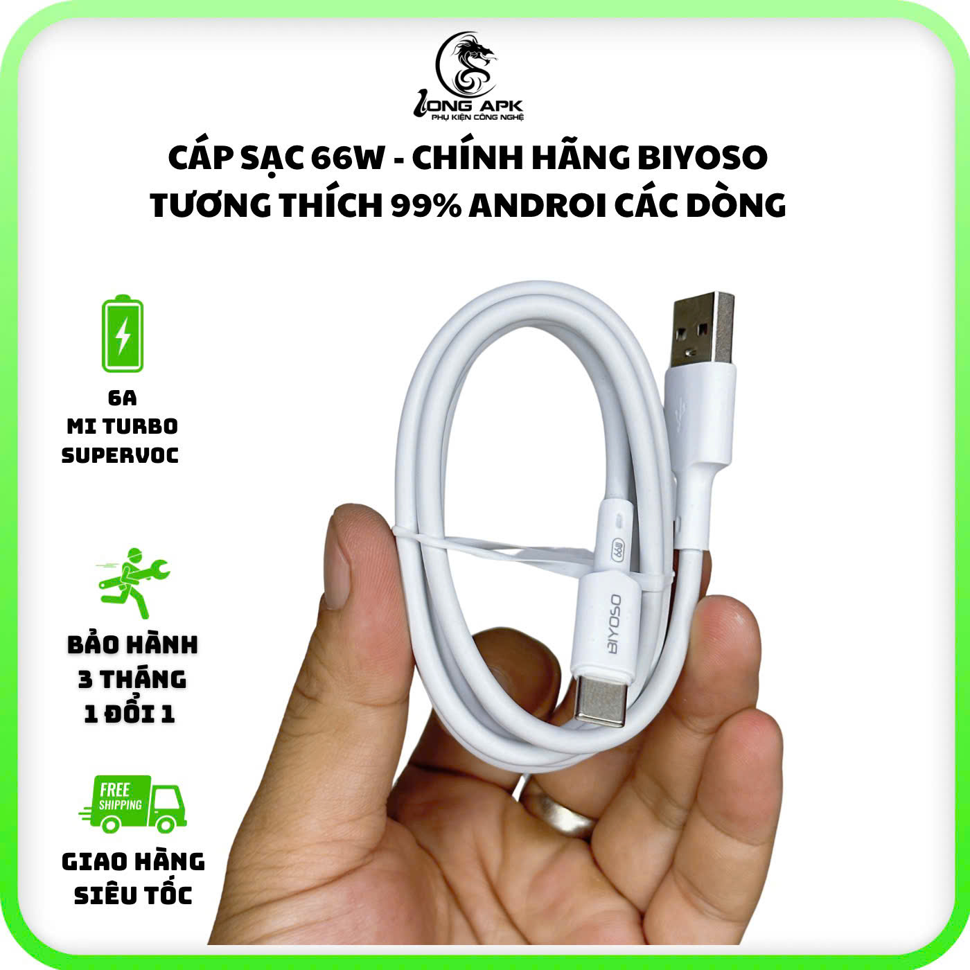 [Hàng chính hãng] Cáp sạc nhanh 66W - 6A BIYOSO tương thích 99% điện thoại androi ( 33w - 65w - 66w ) cổng USB - TYPE C dài 1 mét 2 sạc điện thoại và truyền dữ liệu