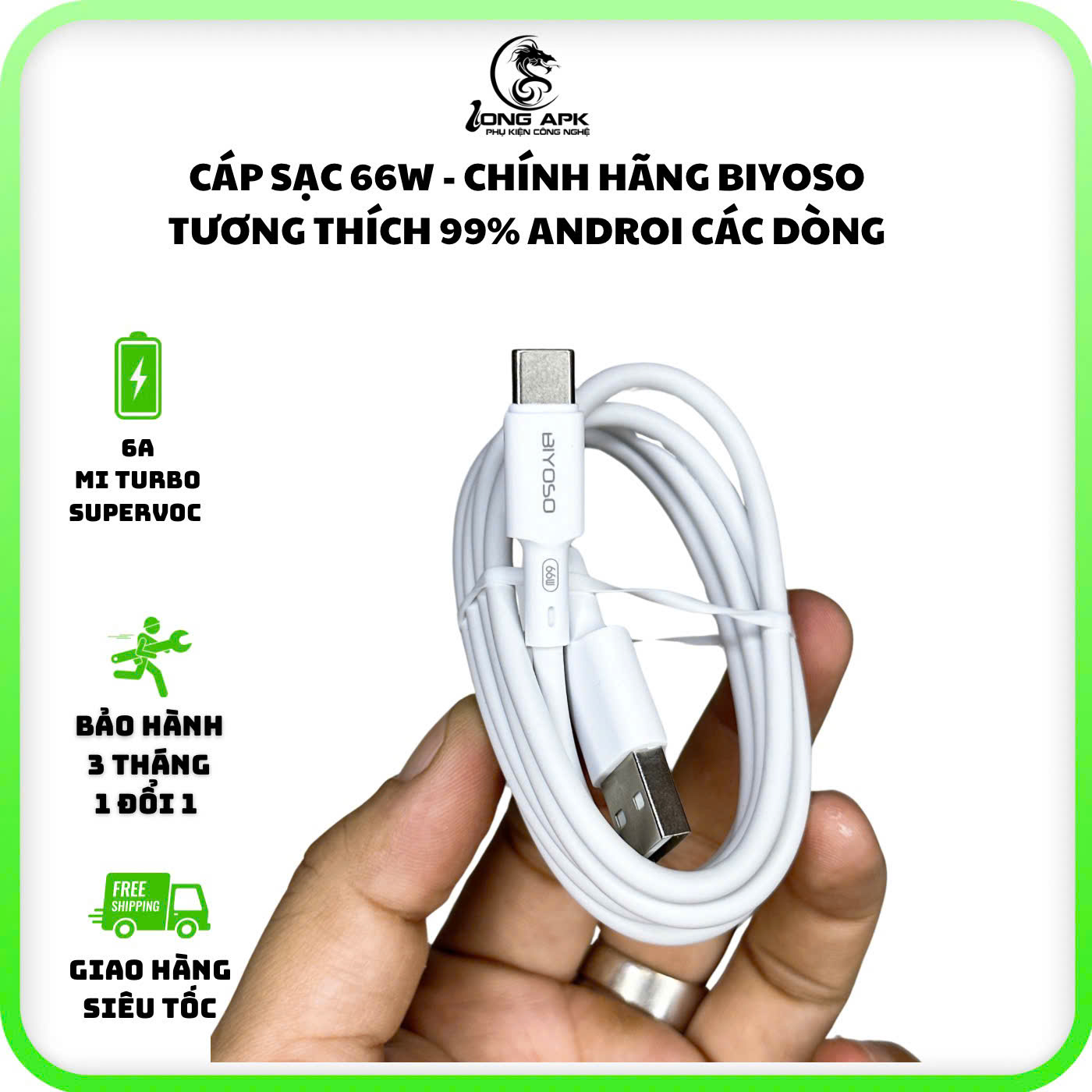 [Hàng chính hãng] Cáp sạc nhanh 66W - 6A BIYOSO tương thích 99% điện thoại androi ( 33w - 65w - 66w ) cổng USB - TYPE C dài 1 mét 2 sạc điện thoại và truyền dữ liệu
