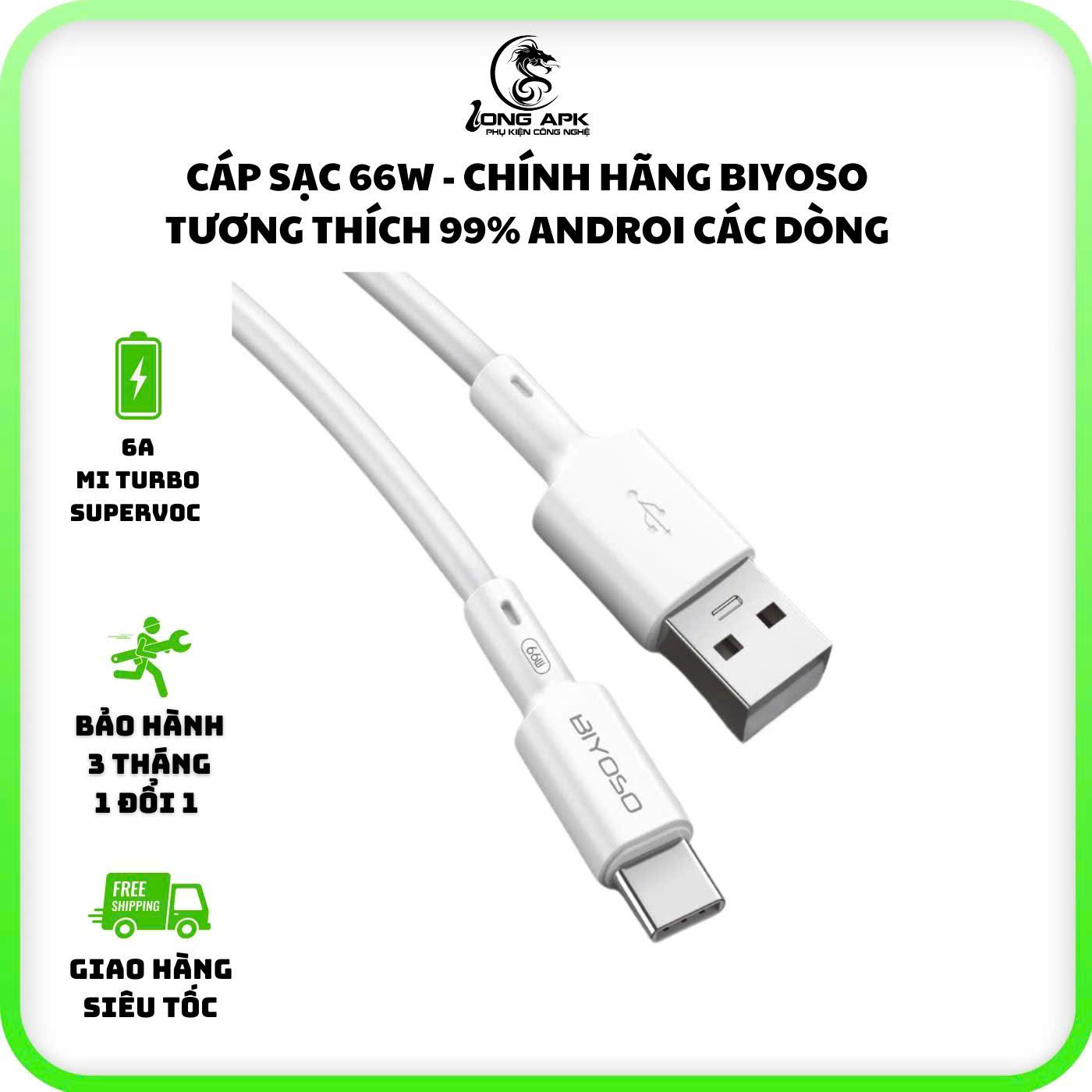[Hàng chính hãng] Cáp sạc nhanh 66W - 6A BIYOSO tương thích 99% điện thoại androi ( 33w - 65w - 66w ) cổng USB - TYPE C dài 1 mét 2 sạc điện thoại và truyền dữ liệu