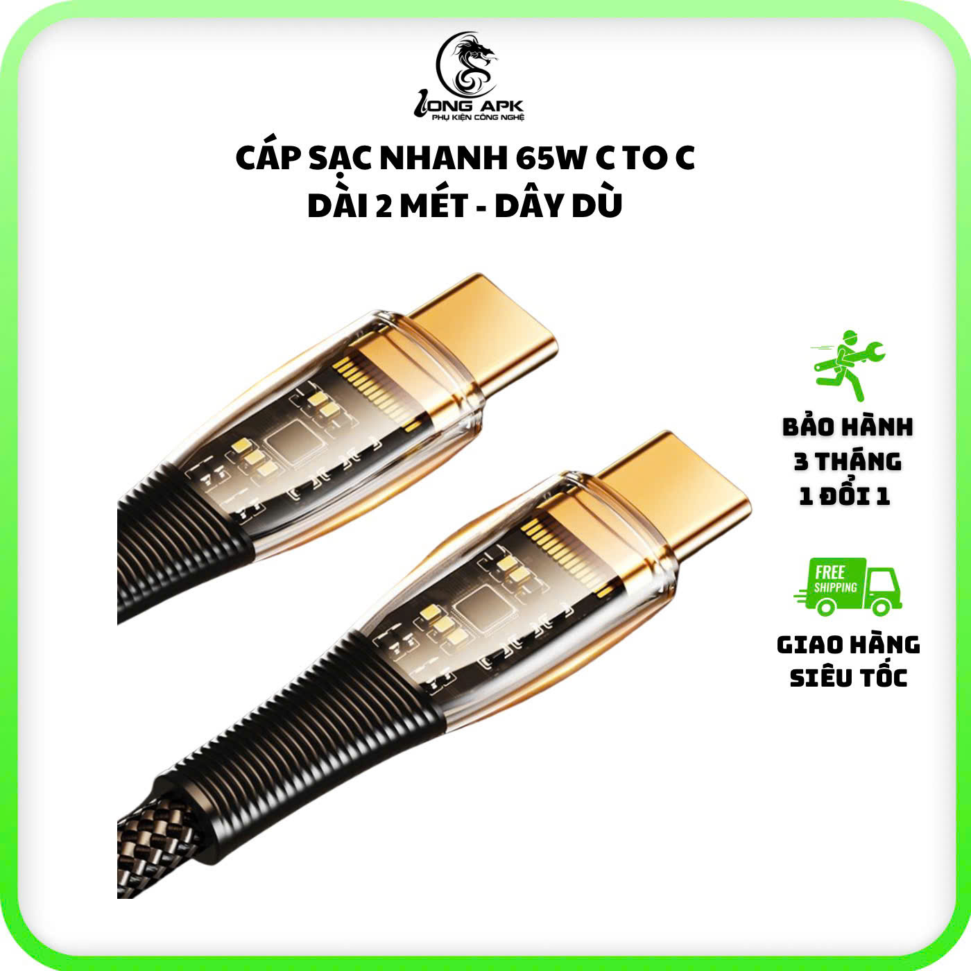 Cáp sạc nhanh dài 2 mét dây dù có 2 loại cổng C - L cho lP và C to C 65W - 20W PD phụ kiện sạc điện thoại Phone Usb C