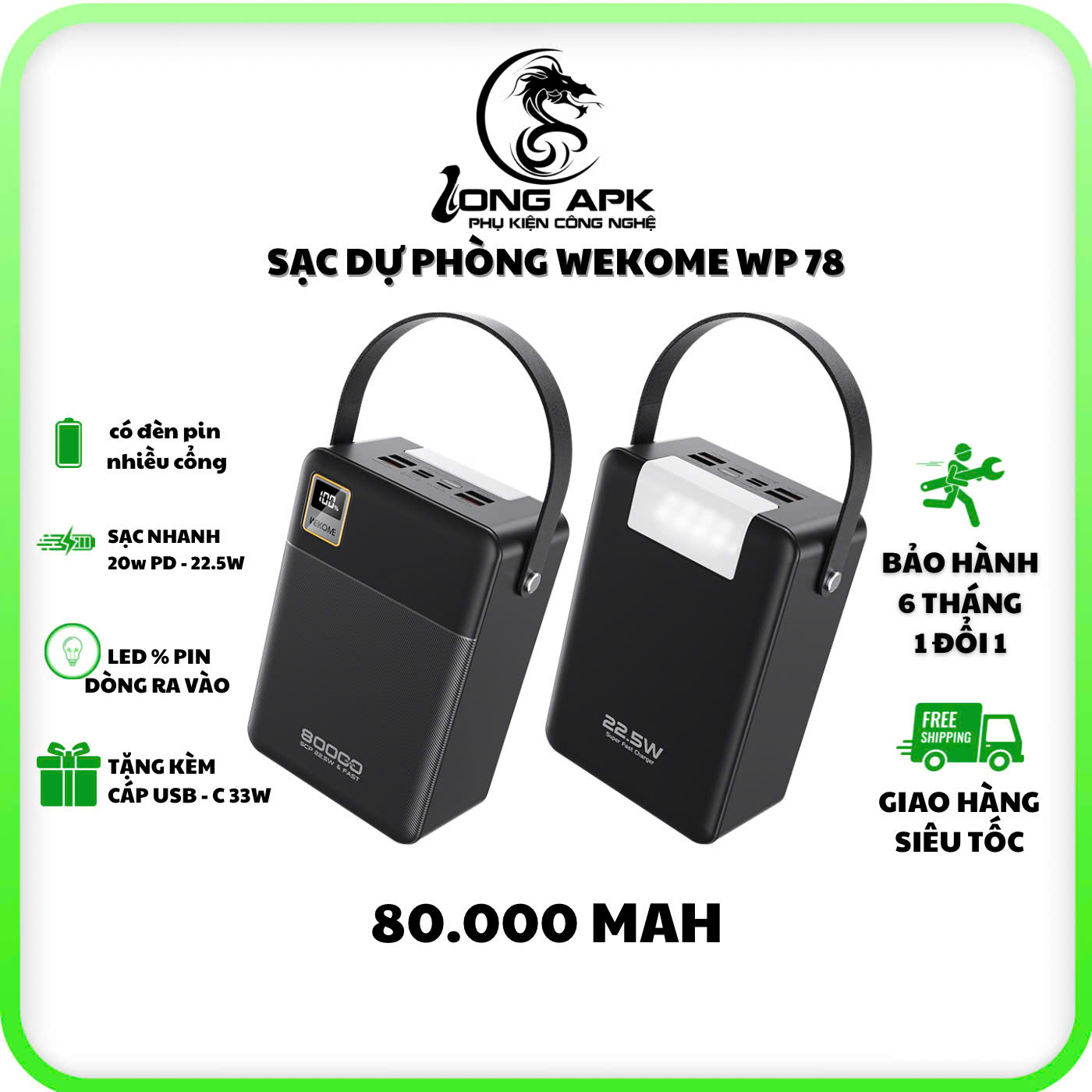 Pin sạc dự phòng Wekome WP 78 - 80.000 mah sạc nhanh 22.5w - 20w PD sạc điện thoại có đèn pin và đèn led hiển thị pin phụ kiện Pin Dự Phòng đa năng dung lượng lớn