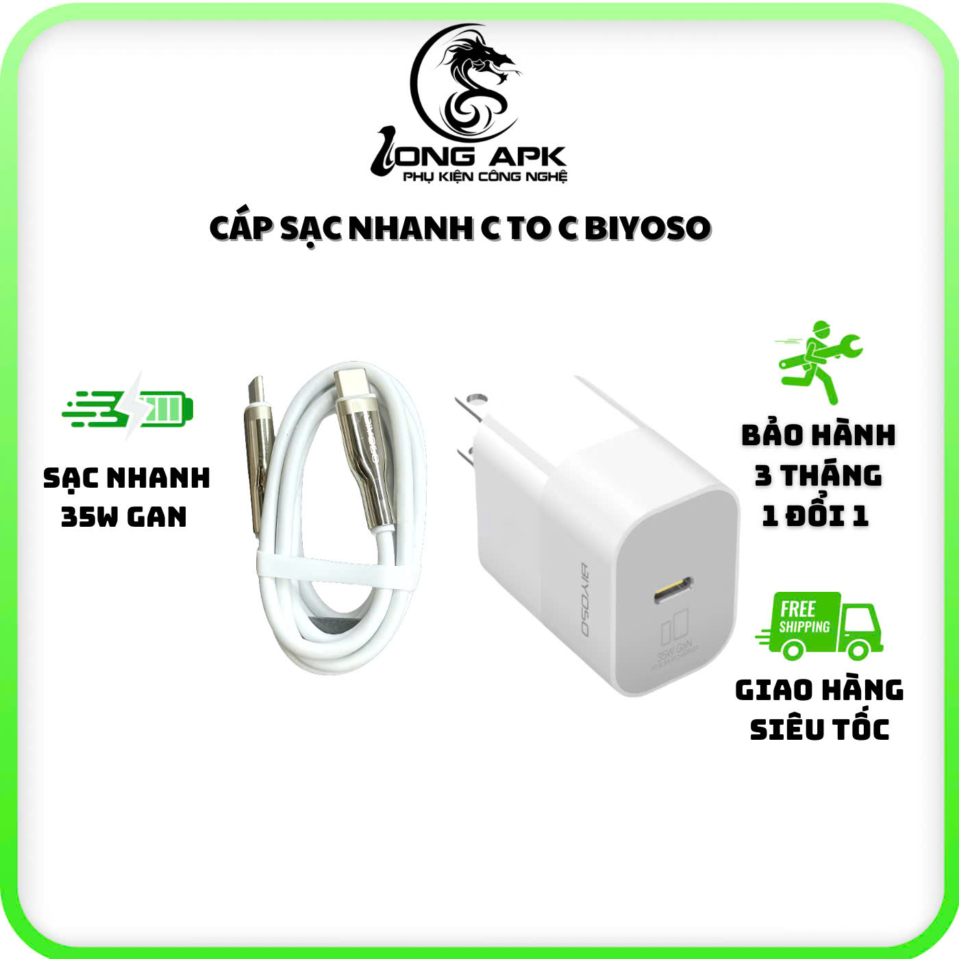 Bộ sạc nhanh BIYOSO 35W GaN  C - C gồm cốc và cáp dùng sạc điện thoại các dòng Phụ Kiện