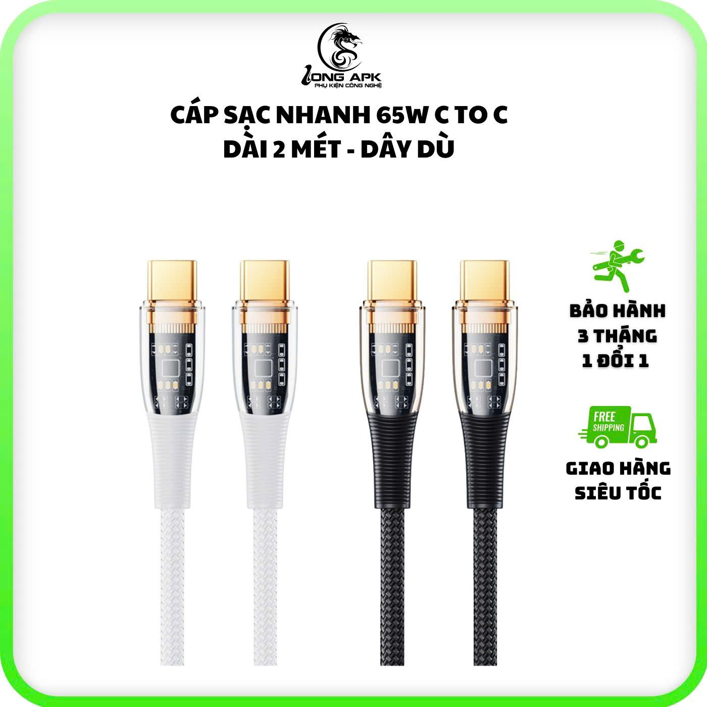 Cáp sạc nhanh dài 2 mét dây dù có 2 loại cổng C - L cho lP và C to C 65W - 20W PD phụ kiện sạc điện thoại Phone Usb C