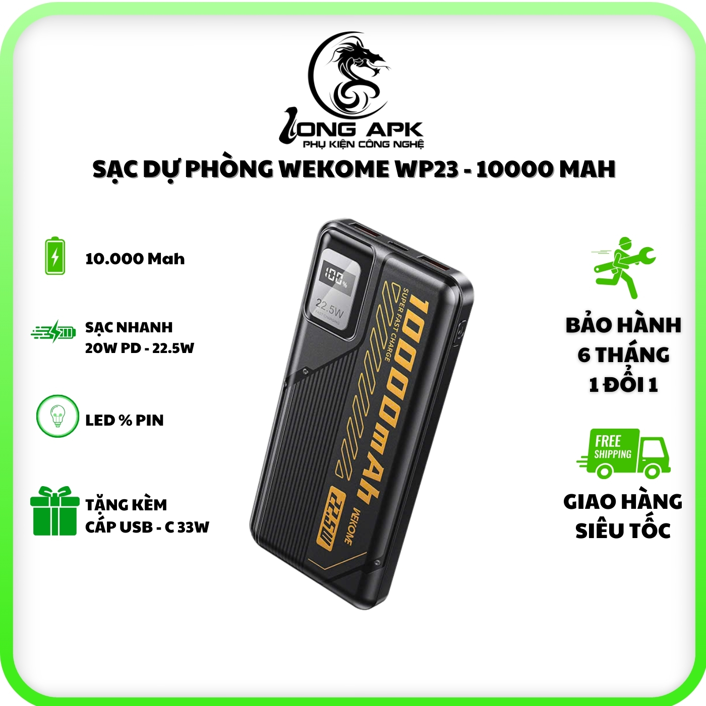 Pin sạc dự phòng Wekome WP-23 10.000 mah sạc nhanh 22.5w sạc điện thoại Pin Dự Phòng