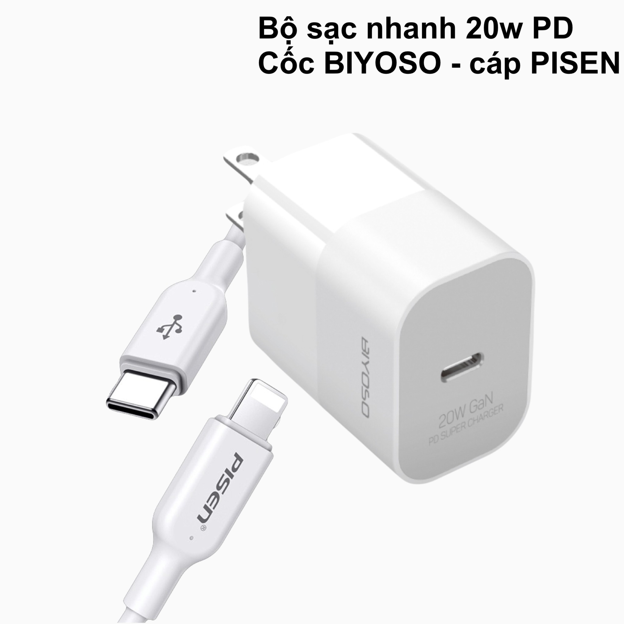 Bộ sạc nhanh 20w PD GaN BIYOSO và cáp Pisen C - L sạc nhanh Phụ Kiện