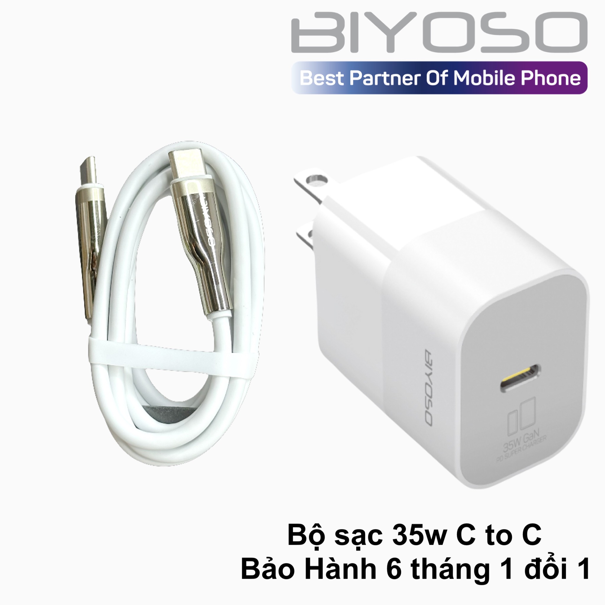 Bộ sạc nhanh BIYOSO 35W GaN  C - C gồm cốc và cáp dùng sạc điện thoại các dòng Phụ Kiện
