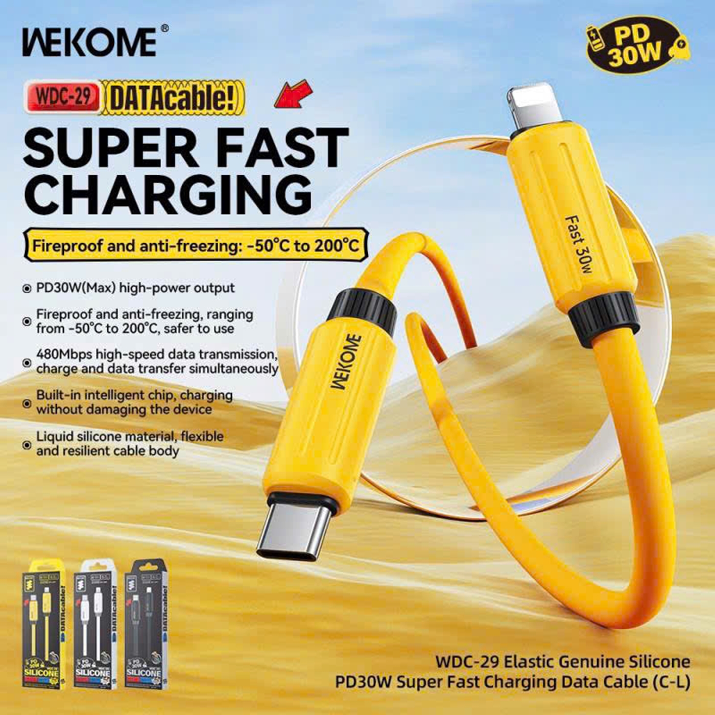 Cáp sạc nhanh 30w PD- WK WDC 29  Dây Silicone Siêu Bền - 1m phụ kiện sạc điện thoại Phone Usb C Type C - lP