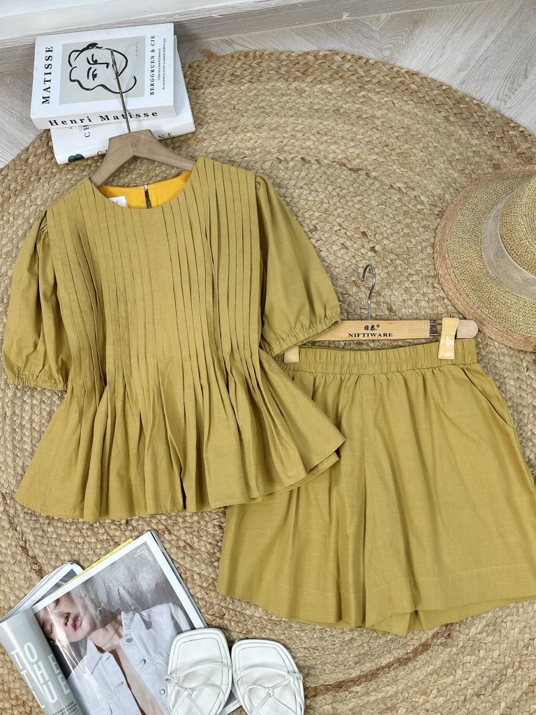 FS3 Set Short Nữ Trơn Áo Xếp Ly Mix Quần Dáng Ngắn Chất Cotton MIMIX