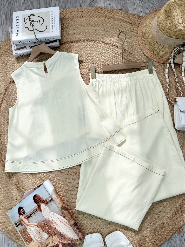 FS6 - Set Áo Sát Nách Cổ Tròn Thêu Hoa Mix Quần Dài Chất Linen Thêu MIMIX