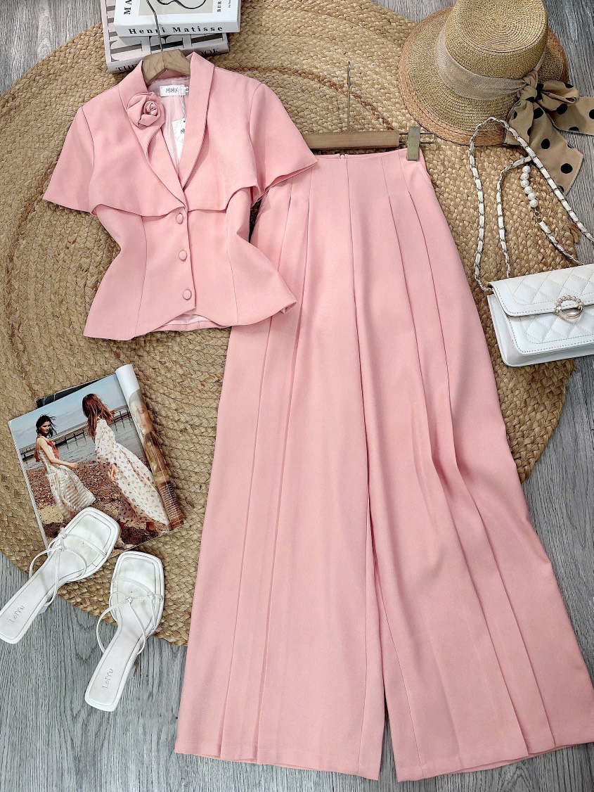 Set Áo Vest Cổ Hoa Mix Quần Dáng Dài Chất Chéo Hàn Công Sở MIMIX - FM8